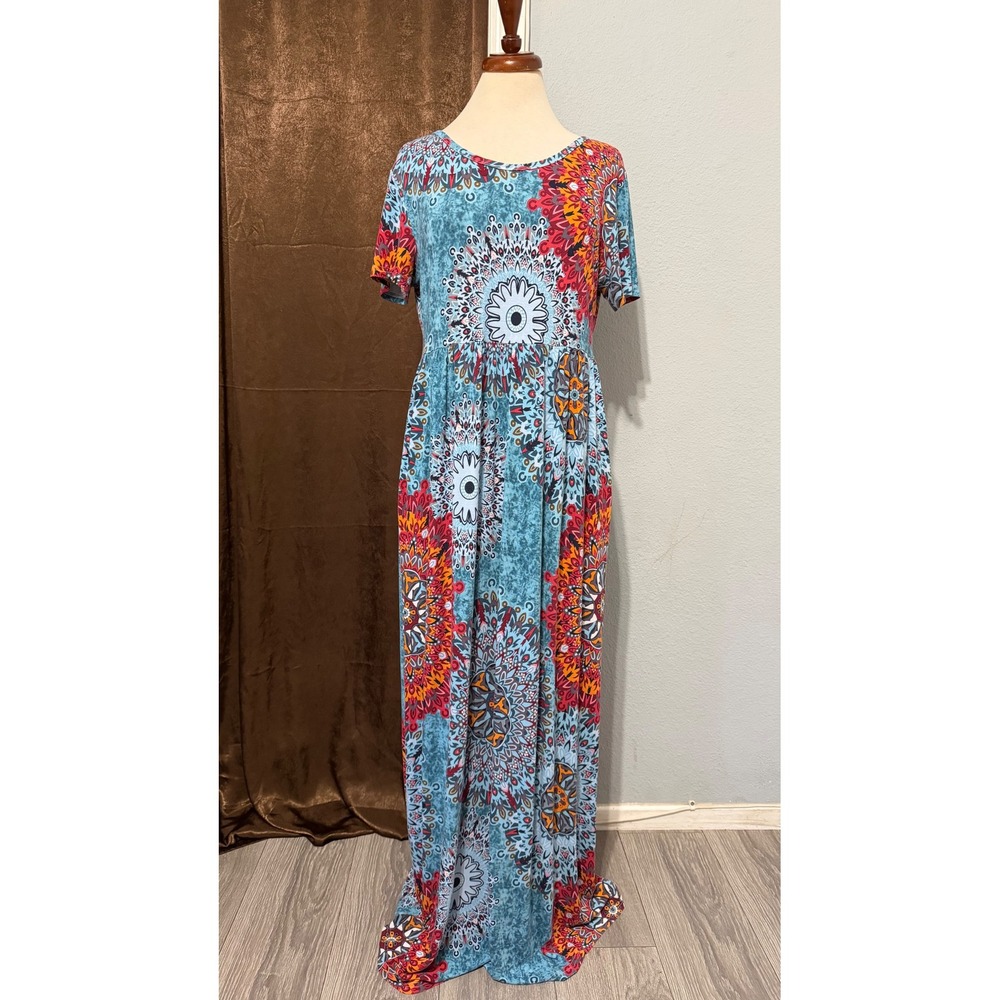Cottagecore Maxi Dres XL Teal Orange Mandala Print Short Sleeve Pocket Bohemian